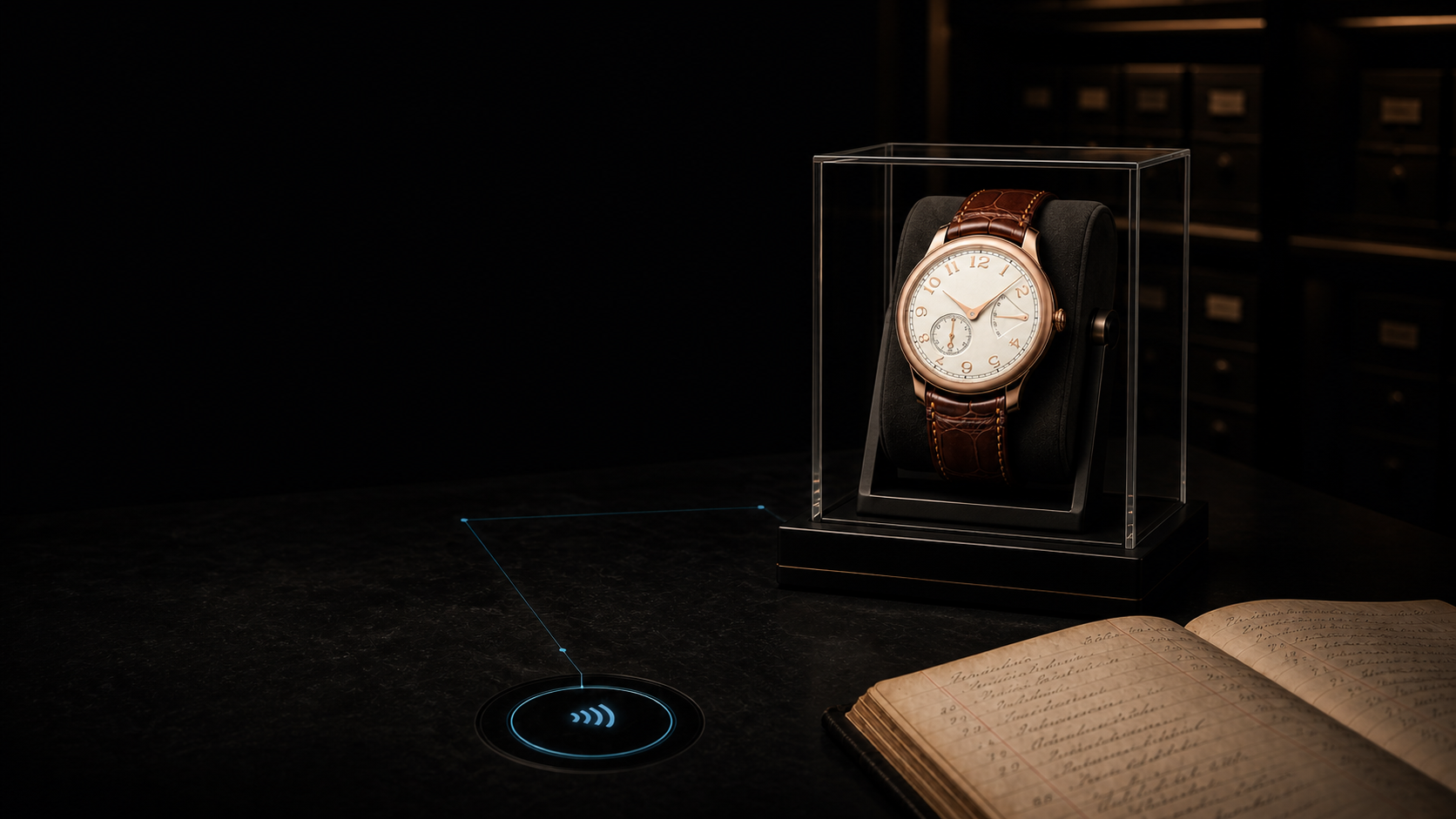F.P. Journe 腕錶置於專業博物館展架上，並與數碼身份紀錄相連